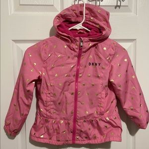 Girls size 6X “DKNY” Pink with Gold Polka Dot Hearts Zip Up Jacket